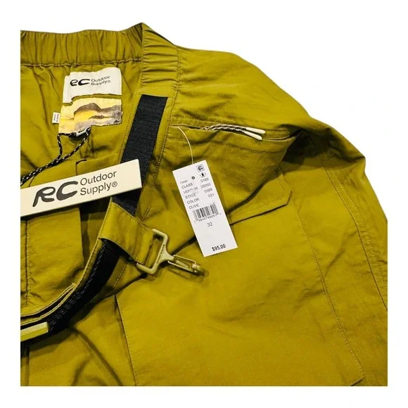 RCOS Outdoor Supply Cargo Shorts Men's Size 32 Green Belted Multi Pocket Nylon